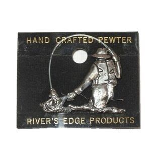 Pewter Pinback Fly Fishing Pin Silver Hand Crafted Fisherman Fish Net Gift NEW